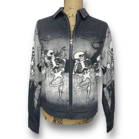 NWT Disney Size M Silly Symphony Skeleton Dance Black White Zip Up Denim Jacket - Picture 1 of 15